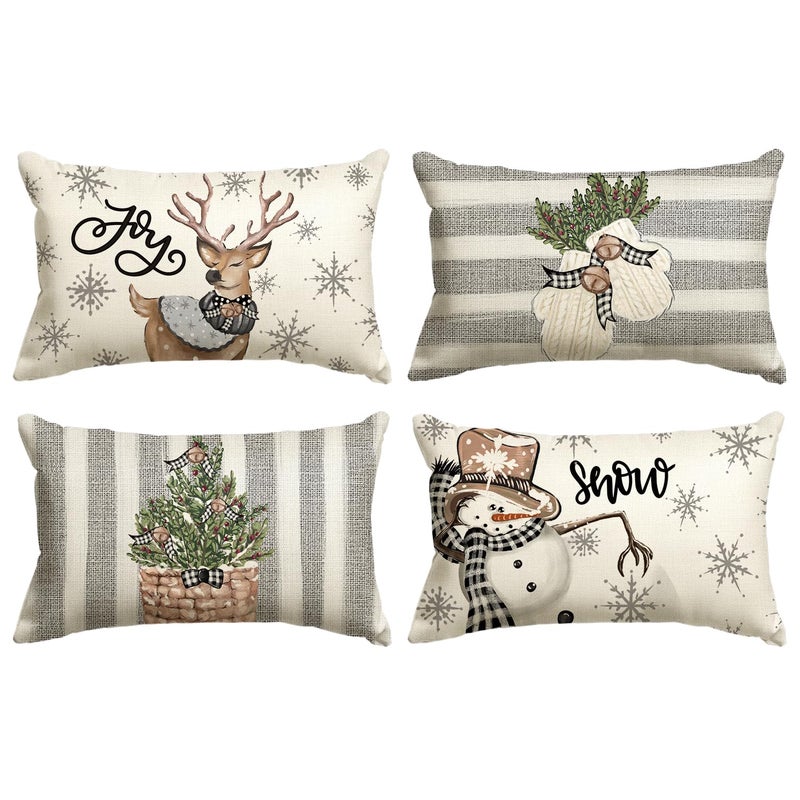 AVOIN colorlife AVOIN colorlife Christmas Snowman Reindeer Gloves Eucalyptus Throw Pillow Covers  12 x 20 Inch Winter Holiday Stripes Cushion Case Decoration for Sofa Couch Set of 4  - Image 1