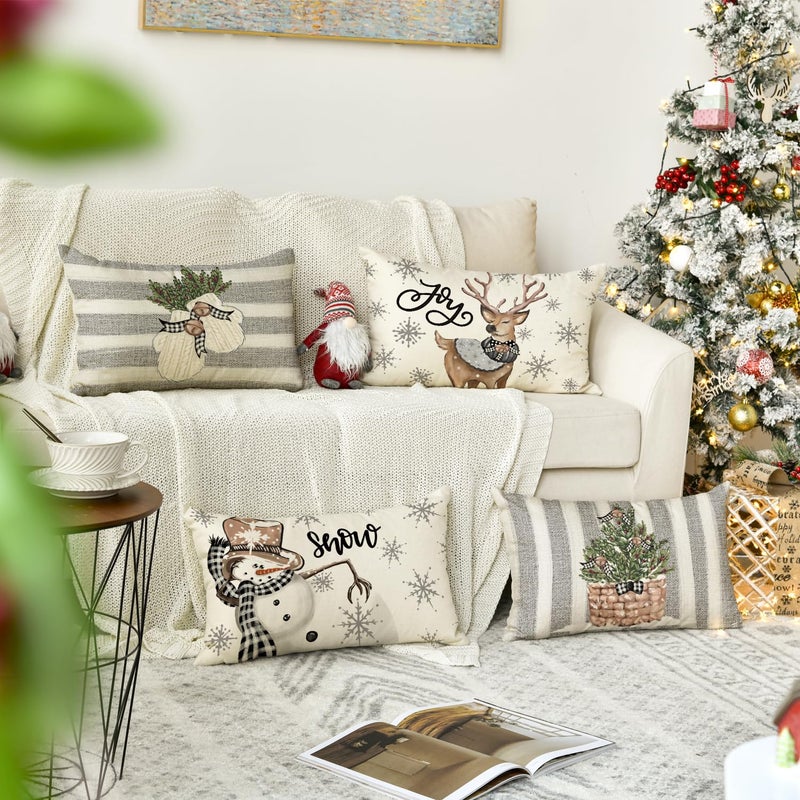 AVOIN colorlife AVOIN colorlife Christmas Snowman Reindeer Gloves Eucalyptus Throw Pillow Covers  12 x 20 Inch Winter Holiday Stripes Cushion Case Decoration for Sofa Couch Set of 4  - Image 2