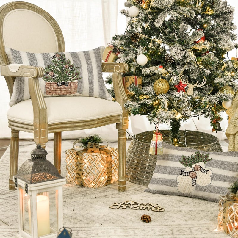 AVOIN colorlife AVOIN colorlife Christmas Snowman Reindeer Gloves Eucalyptus Throw Pillow Covers  12 x 20 Inch Winter Holiday Stripes Cushion Case Decoration for Sofa Couch Set of 4  - Image 3