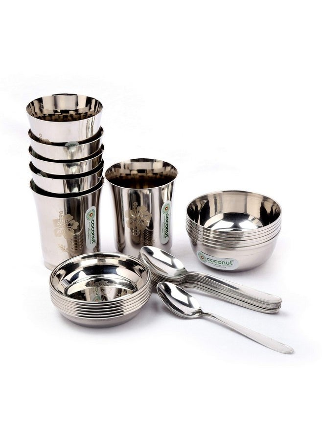 Coconut Coconut Stainless Steel (Heavy Guage) Mirror Finish with Laser Etchhing Design Super Platina Dinner Set/Dinnerware- Family Pack of 30 Pieces Dinner Set  - Image 3