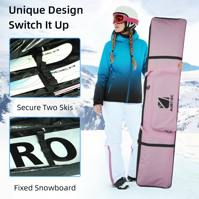 AUMTISC Snowboard Bag for Air Travel, Padded Snowboard Bags, Single Snowboard Bag Case with Storage Pocket, Water Resistant Snow Board Ski Bag, Long Snowboarding Bags with Shoulder Strap, Pink 155cm - Image 2