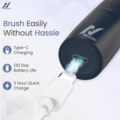 Nexlev Rechargeable Electric Toothbrush| 120 Days Life | 35K strokes/min| Type C| 5 Modes for Daily Use| 2 Min timer with 30sec Quadpacer | 4 Brushheads| IPX7 Waterproof| For Men & Women | ETC-08 Blue - Image 4