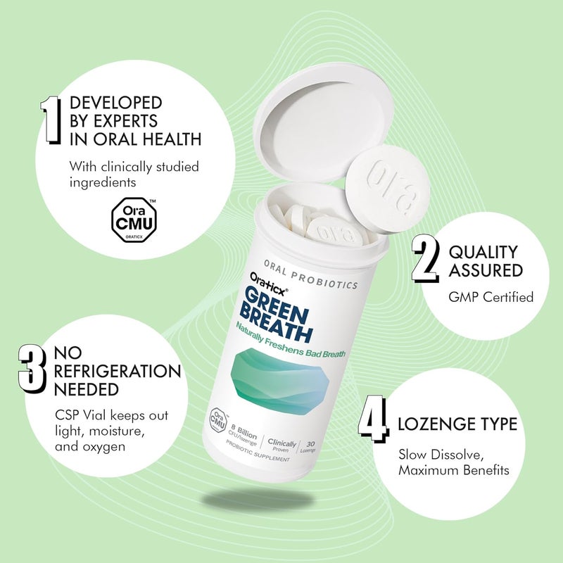 OraTicx Oral Probiotics Green Breath Freshen Bad Breath Dental Probiotic Supplement for Oral Health 8 Billion CFU Mint Flavor 30 Lozenges 2Pack - Image 4