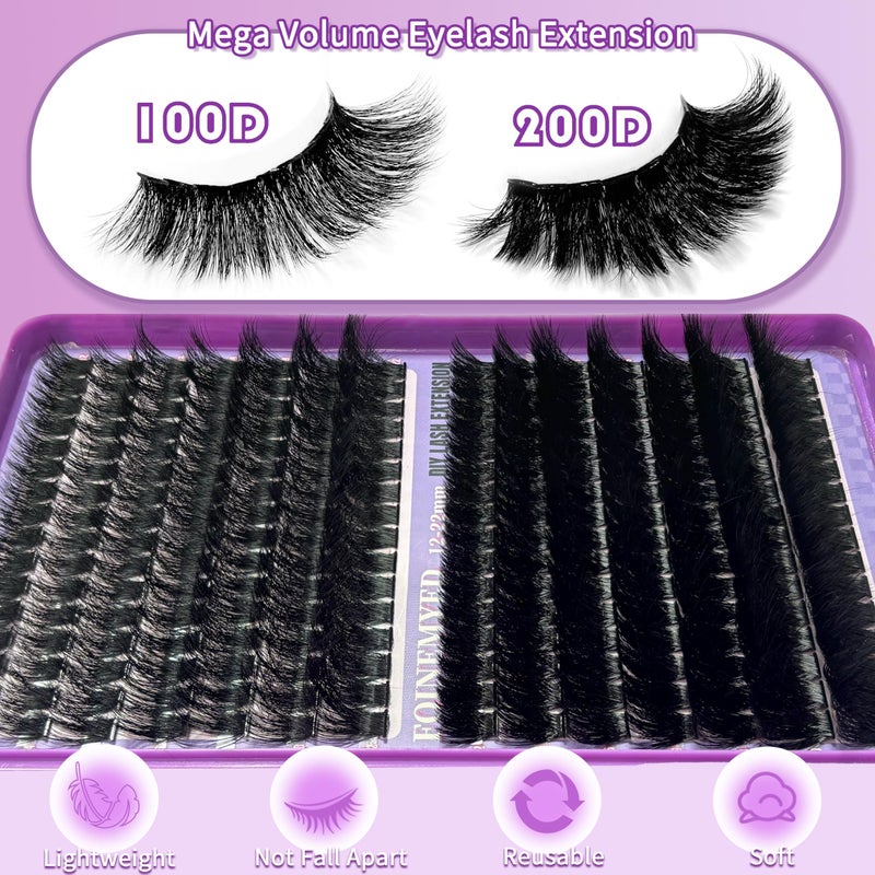 FOINEMYED Lash Clusters 100D+200D Thick Volume Eyelash Clusters 12-22mm Long Cluster Lashes Eyelash Extensions Individual Lashes Clusters DIY at Home Eyelashes D Curly Lash Extension by FOINEMYED - Image 4