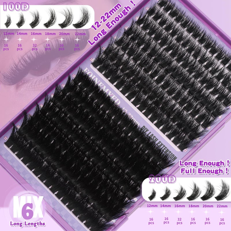 FOINEMYED Lash Clusters 100D+200D Thick Volume Eyelash Clusters 12-22mm Long Cluster Lashes Eyelash Extensions Individual Lashes Clusters DIY at Home Eyelashes D Curly Lash Extension by FOINEMYED - Image 2