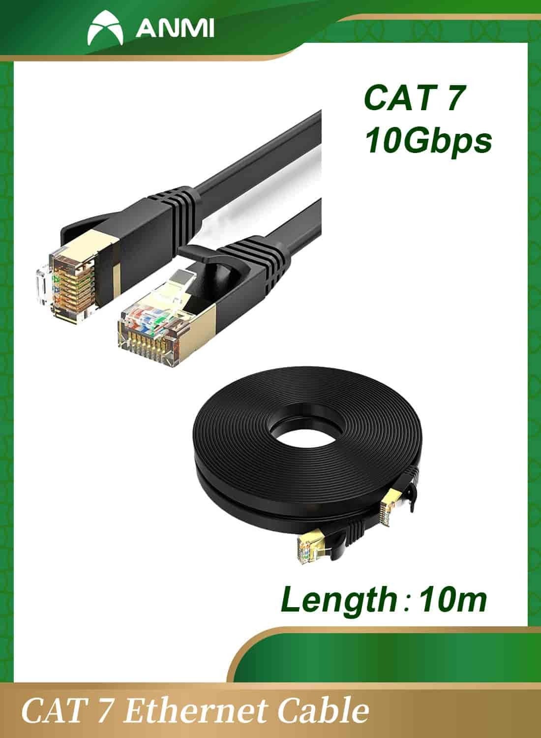 Anmi 10m Cat 7 Ethernet Cable, High Speed Gigabit Flat Lan Network Cable, with RJ45 Gold Plated Connector, 10Gbps 600Mhz Shielded Internet Patch Cord for Switch, Router, Modem
