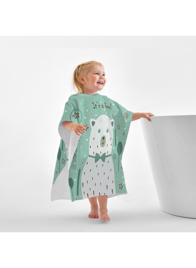 Kids' Hooded Poncho Towel, Quick-Dry Beach Bath Robe with Cartoon Polar Bear & 'It's a Boy!' Print, Mint Green - Image 4