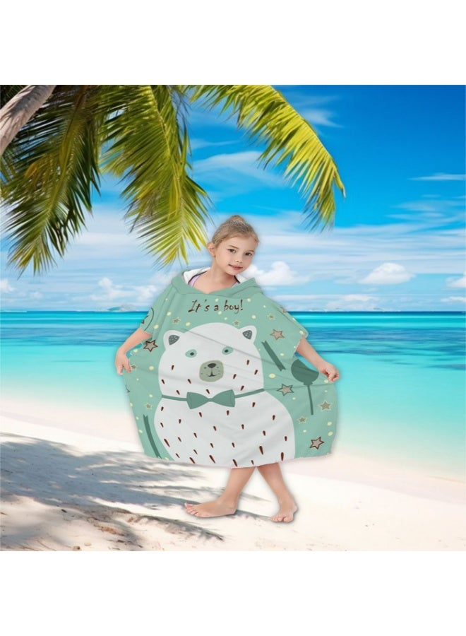 Kids' Hooded Poncho Towel, Quick-Dry Beach Bath Robe with Cartoon Polar Bear & 'It's a Boy!' Print, Mint Green - Image 3