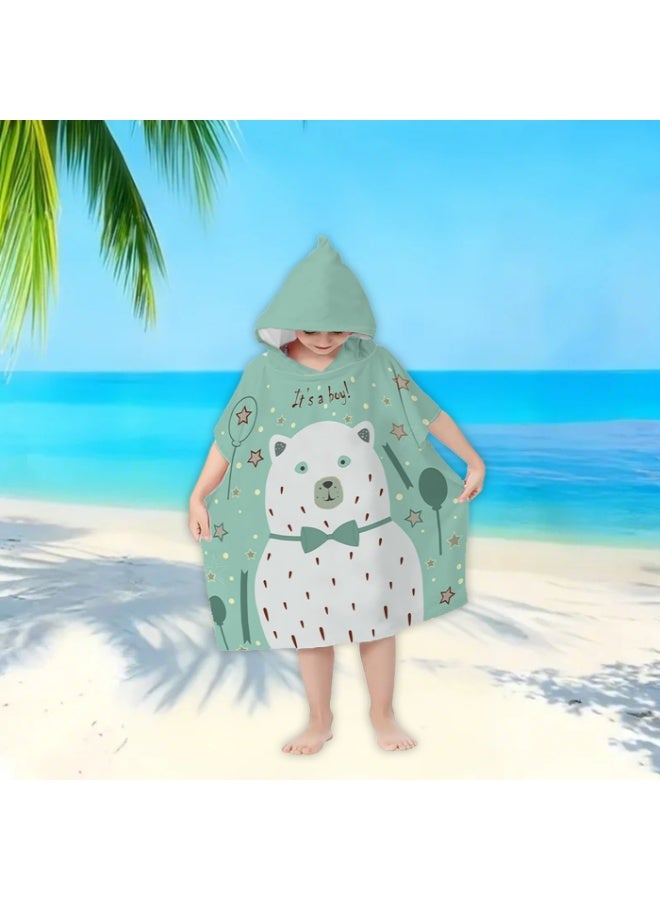 Kids' Hooded Poncho Towel, Quick-Dry Beach Bath Robe with Cartoon Polar Bear & 'It's a Boy!' Print, Mint Green - Image 1