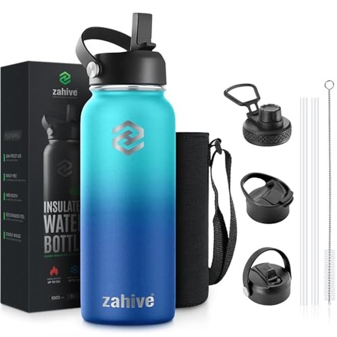 Zahive 1L Insulated Stainless Steel Water Bottle with 3 Lids & Bag - Leak-Proof Flask for Hot & Cold Drinks