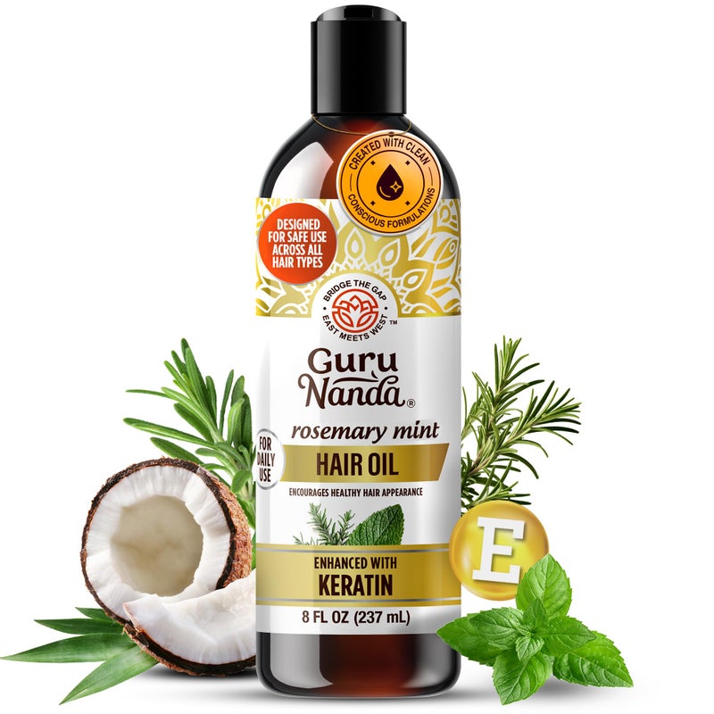 GuruNanda Rosemary Mint for Hair Growth with Keratin & Vitamin E Oil - Encourages Scalp, Shine & Hair Strengthening- 100% Natural, Cruelty-Free, 8oz - Image 1