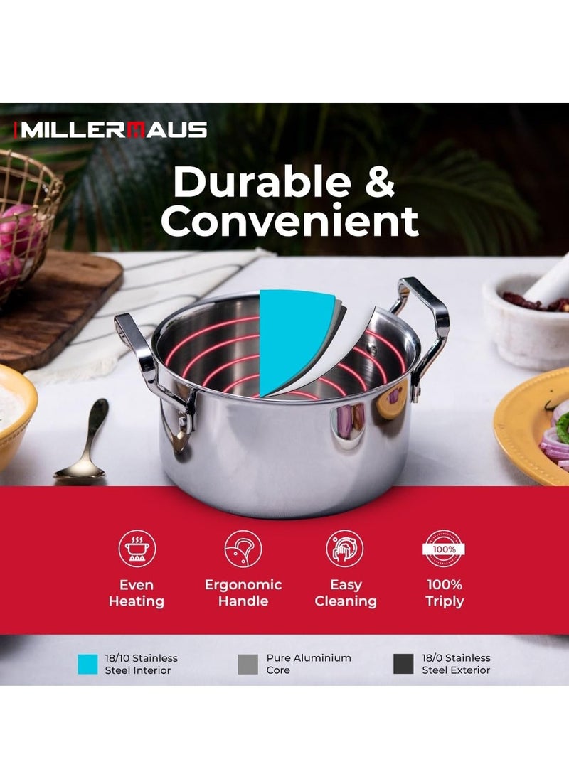 MILLERHAUS - Millerhaus 30 Cm Triply Casserole With S/S Lid, Non-Reactive Cooking Surface Safe Cooking Pot | Stainless steel body with Cover - Image 1