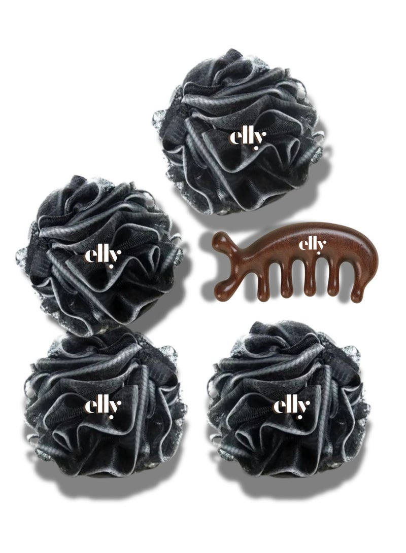 ELLY - 4x Charcoal Infused Loofah Shower Loofah Sponge Soft Mesh Shower Puffs for Body Exfoliating and 1x Massage Comb| For Men, Women - Image 1