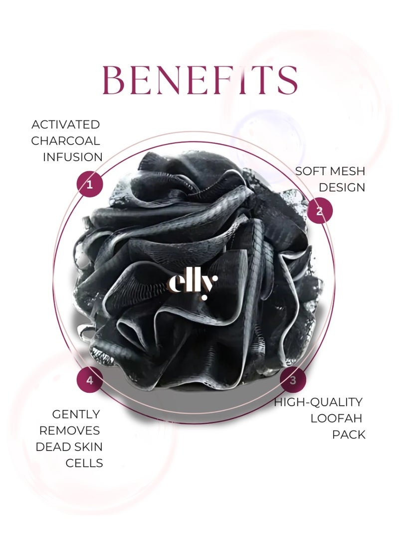 ELLY - 4x Charcoal Infused Loofah Shower Loofah Sponge Soft Mesh Shower Puffs for Body Exfoliating and 1x Massage Comb| For Men, Women - Image 2