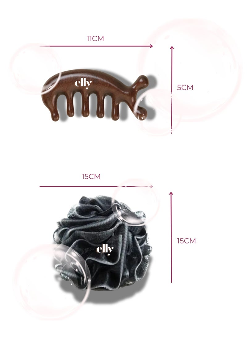 ELLY - 4x Charcoal Infused Loofah Shower Loofah Sponge Soft Mesh Shower Puffs for Body Exfoliating and 1x Massage Comb| For Men, Women - Image 4