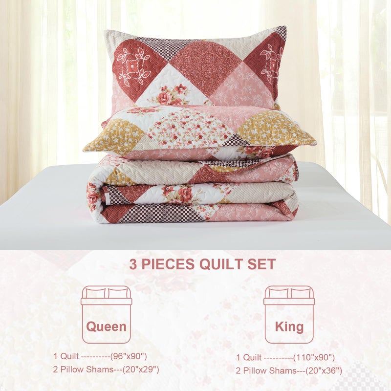 Dinjoy Romantic Pink Quilt Set Queen Size, Reversible Floral Plaid Patchwork Pattern Bedding Set Soft Microfiber Lightweight Bedspread Coverlet 3 Piece Spring Summer Use (90x96 inches) - Image 3