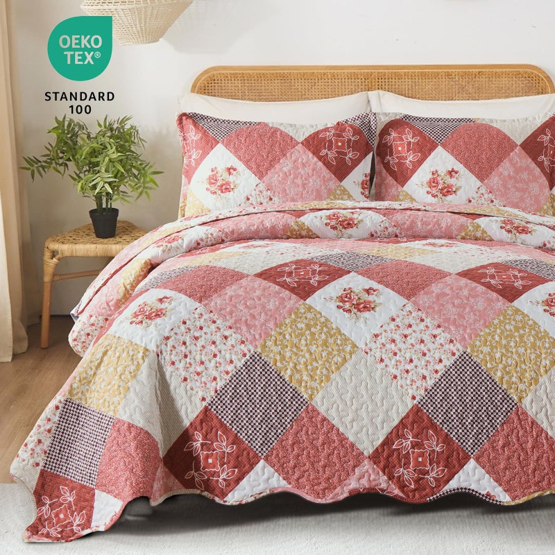 Dinjoy Romantic Pink Quilt Set Queen Size, Reversible Floral Plaid Patchwork Pattern Bedding Set Soft Microfiber Lightweight Bedspread Coverlet 3 Piece Spring Summer Use (90x96 inches) - Image 2