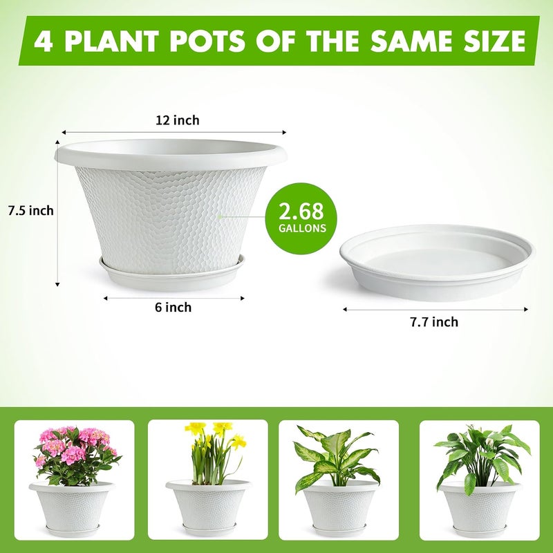 Quarut 12 Inch Plant Pot,4 Pack Large pots for Plants,Flower Pots with Drainage Hole & Saucer,Modern Planters for Indoor Outdoor Plants,Decorative Resin Garden Pots,White - Image 5