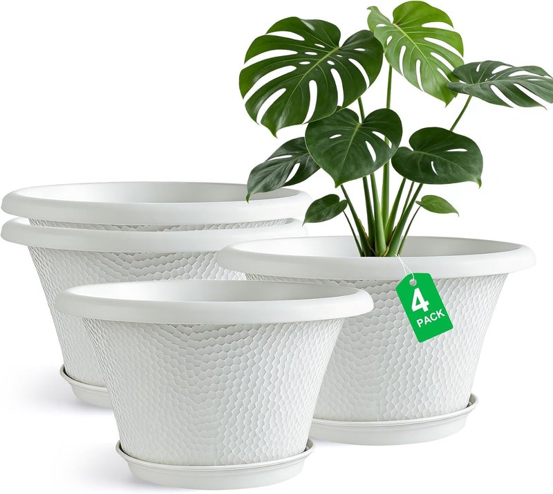 Quarut 12 Inch Plant Pot,4 Pack Large pots for Plants,Flower Pots with Drainage Hole & Saucer,Modern Planters for Indoor Outdoor Plants,Decorative Resin Garden Pots,White - Image 1