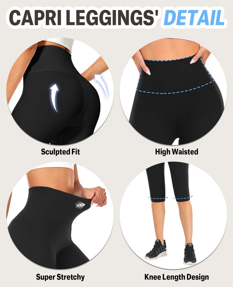 CTHH 3 Pack Capri Pants with Pockets - High Waisted Knee Length Yoga Leggings, Workout Biker Shorts for Women Running Summer(Two Pockets,3 Black,Large-X-Large) - Image 4