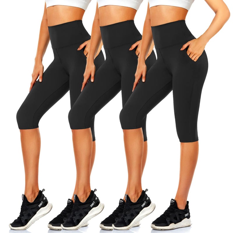 CTHH 3 Pack Capri Pants with Pockets - High Waisted Knee Length Yoga Leggings, Workout Biker Shorts for Women Running Summer(Two Pockets,3 Black,Large-X-Large) - Image 1