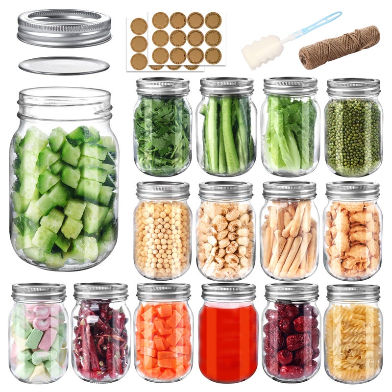 PINIWON Mason Jars 16 oz with Airtight Lids and Bands, 15 Pack Regular Mouth Canning Jars, Clear Glass Pint Jars for Canning, Pickling, Food Storage, DIY Projects, 24 Labels, Brush & String Included - Image 1