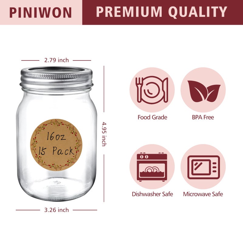 PINIWON Mason Jars 16 oz with Airtight Lids and Bands, 15 Pack Regular Mouth Canning Jars, Clear Glass Pint Jars for Canning, Pickling, Food Storage, DIY Projects, 24 Labels, Brush & String Included - Image 2