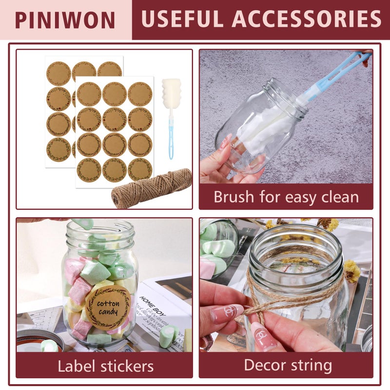 PINIWON Mason Jars 16 oz with Airtight Lids and Bands, 15 Pack Regular Mouth Canning Jars, Clear Glass Pint Jars for Canning, Pickling, Food Storage, DIY Projects, 24 Labels, Brush & String Included - Image 4