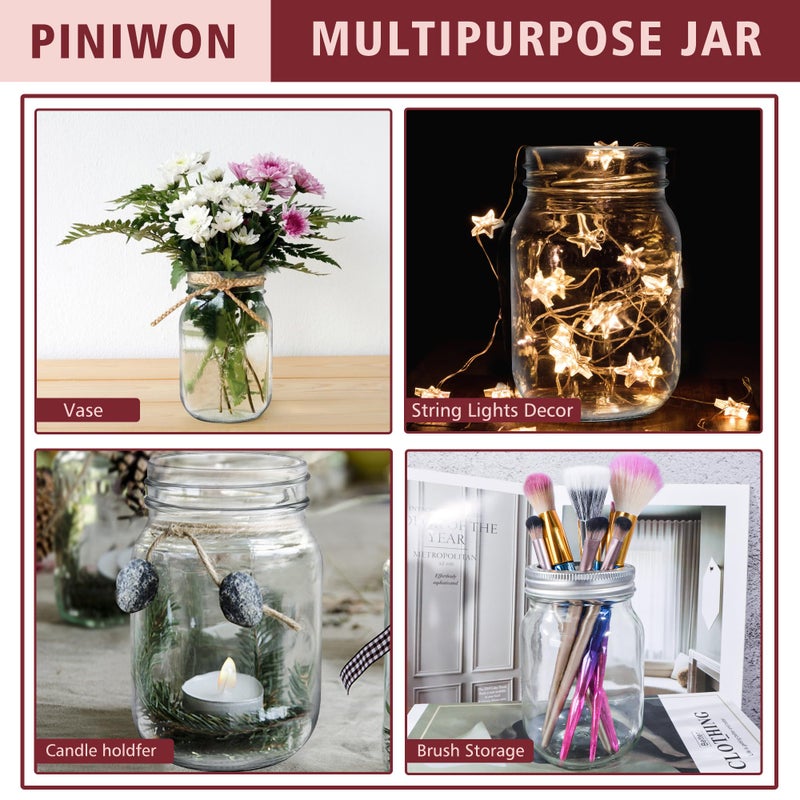 PINIWON Mason Jars 16 oz with Airtight Lids and Bands, 15 Pack Regular Mouth Canning Jars, Clear Glass Pint Jars for Canning, Pickling, Food Storage, DIY Projects, 24 Labels, Brush & String Included - Image 5