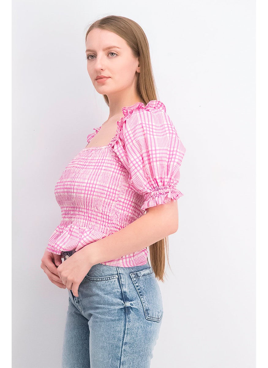 TOPSHOP Women Square Neck Ballon Sleeve Gingham Pattern Blouse, Pink  - Image 4
