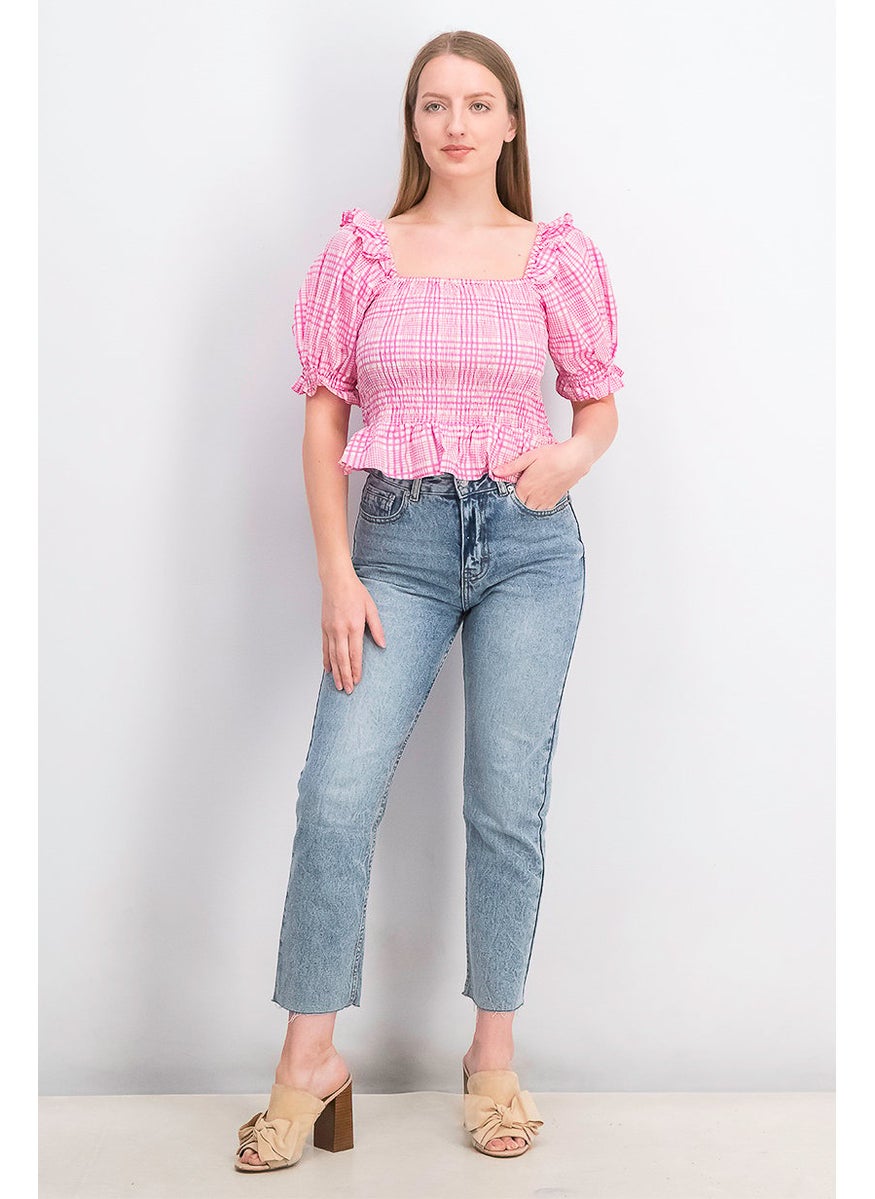 TOPSHOP Women Square Neck Ballon Sleeve Gingham Pattern Blouse, Pink  - Image 2