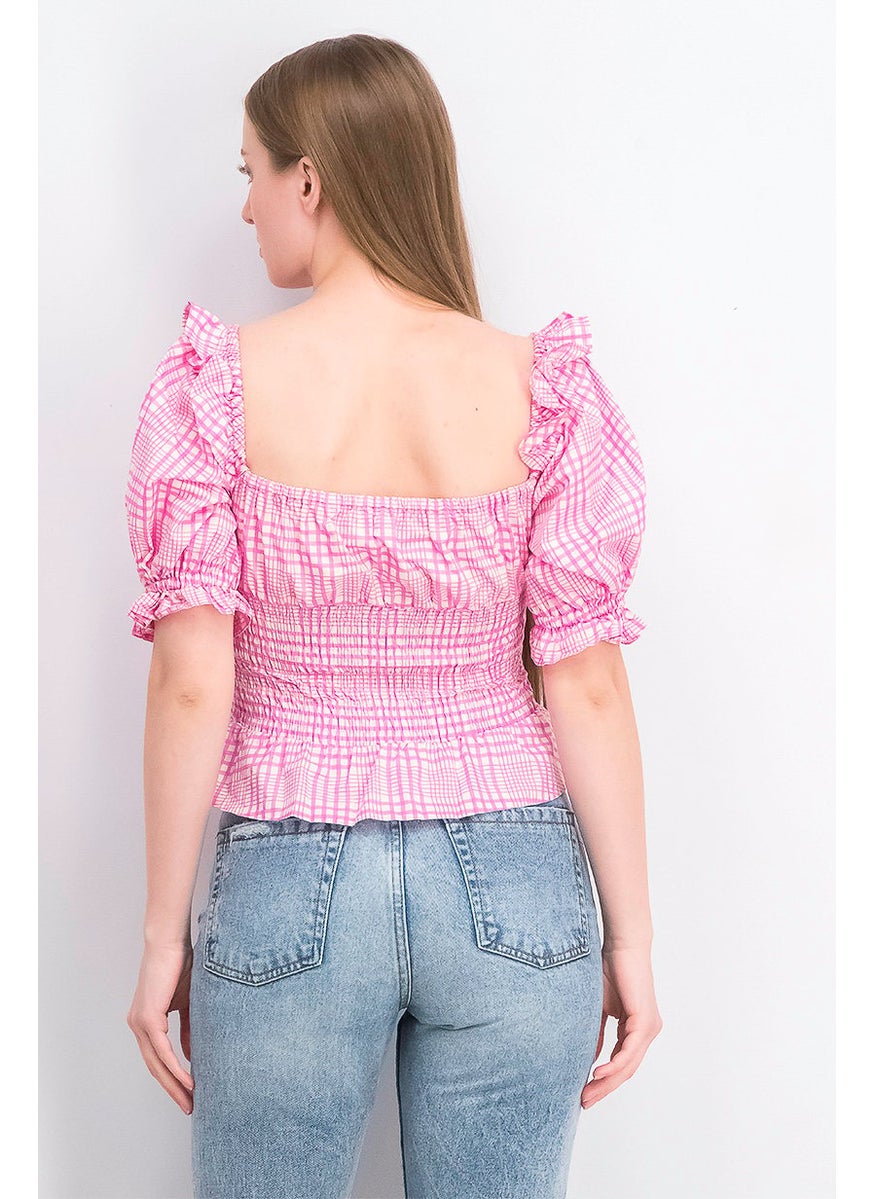 TOPSHOP Women Square Neck Ballon Sleeve Gingham Pattern Blouse, Pink  - Image 3
