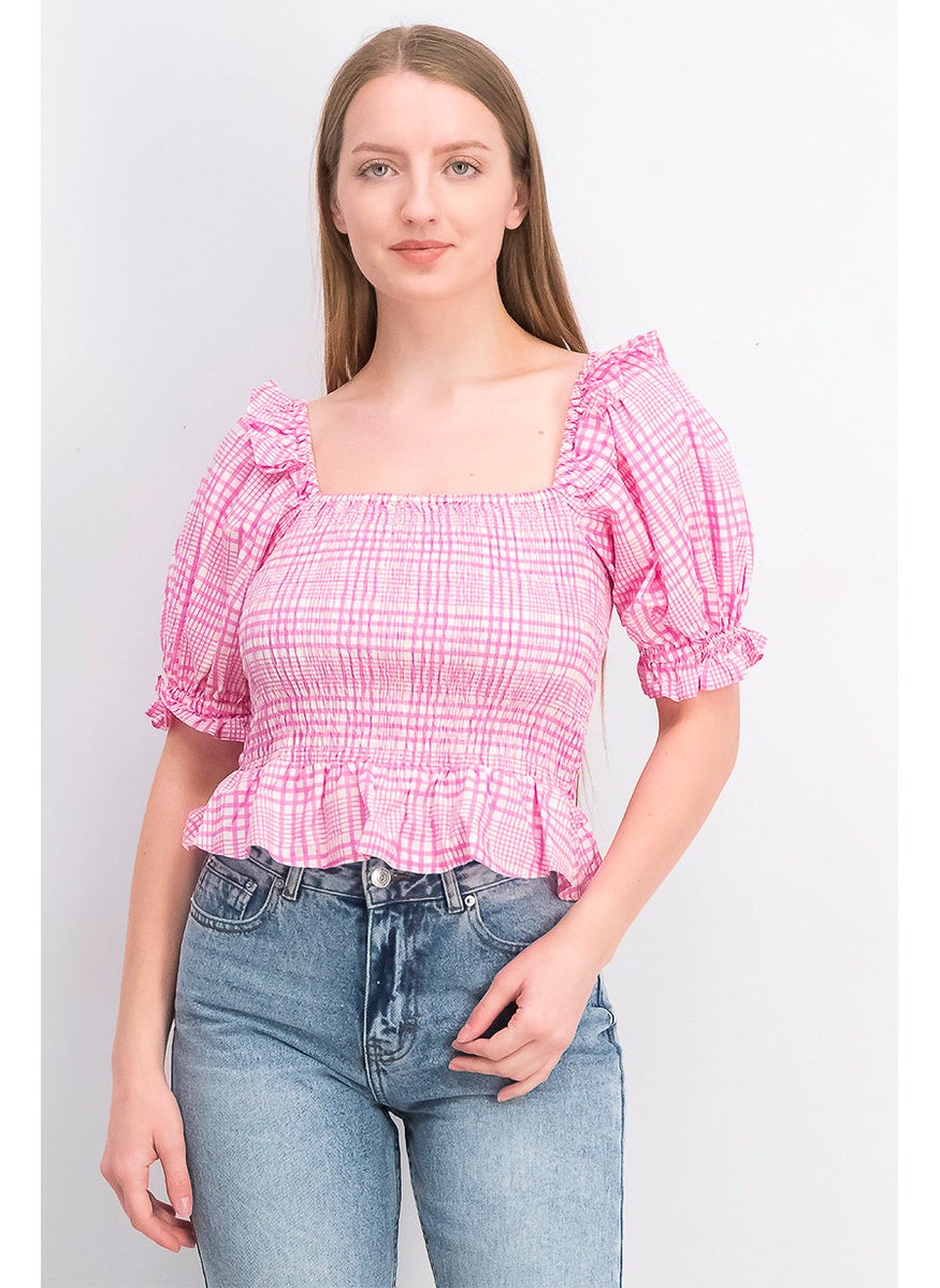 TOPSHOP Women Square Neck Ballon Sleeve Gingham Pattern Blouse, Pink  - Image 1