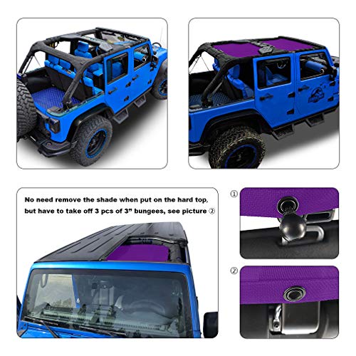 Shadeidea JK Sun Shade Top Compatible with Jeep Wrangler JKU Top Sunshade Soft Mesh Roof Cover (2007-2018)- Wind Noise UV Blocker -10 Year Warranty -4 Door -Purple -Front&Rear (2 pcs) - Image 3