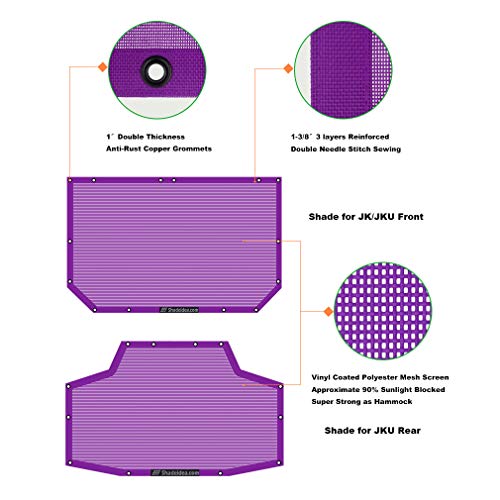 Shadeidea JK Sun Shade Top Compatible with Jeep Wrangler JKU Top Sunshade Soft Mesh Roof Cover (2007-2018)- Wind Noise UV Blocker -10 Year Warranty -4 Door -Purple -Front&Rear (2 pcs) - Image 4