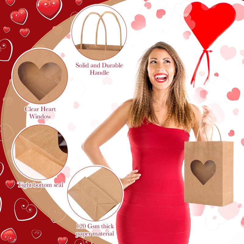 Eersida 48 Pcs Valentine's Day Gifts Bags with Heart Window Kraft Brown Paper Goodie Bag Bulk Holiday Candy Treat Wrapping with Handle for Galentines Wedding Birthday Party Supplies, 8.3"x5.9"x3.2" - Image 3