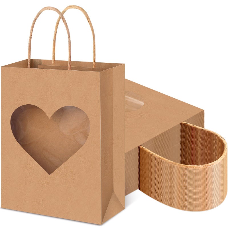 Eersida 48 Pcs Valentine's Day Gifts Bags with Heart Window Kraft Brown Paper Goodie Bag Bulk Holiday Candy Treat Wrapping with Handle for Galentines Wedding Birthday Party Supplies, 8.3"x5.9"x3.2" - Image 1