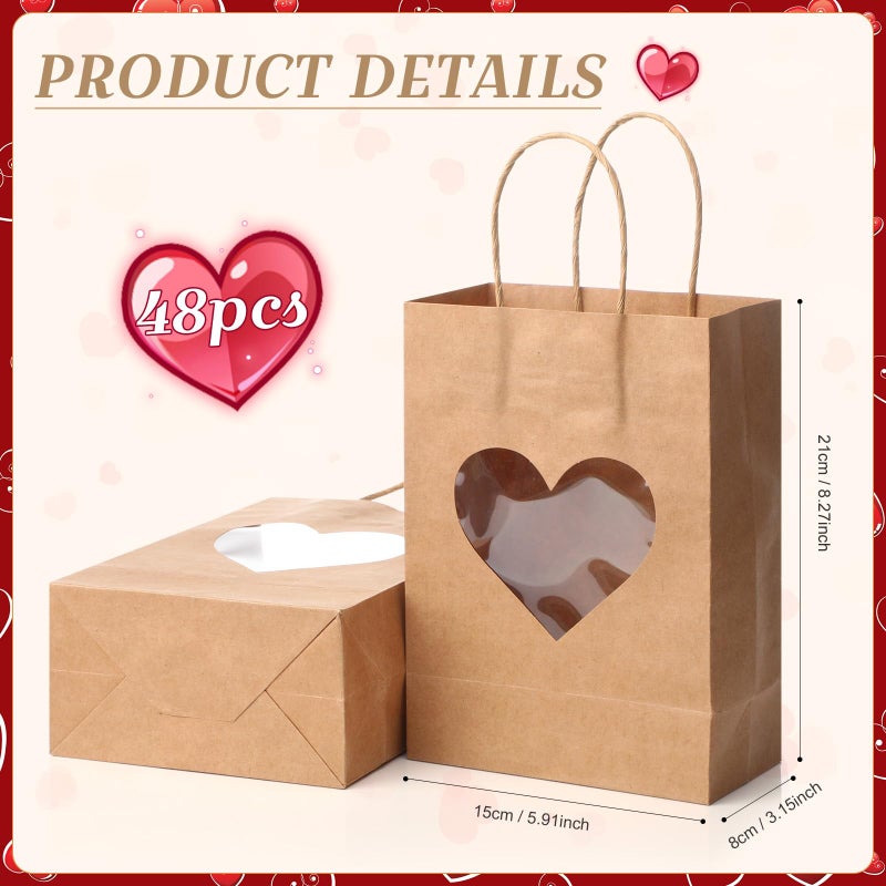 Eersida 48 Pcs Valentine's Day Gifts Bags with Heart Window Kraft Brown Paper Goodie Bag Bulk Holiday Candy Treat Wrapping with Handle for Galentines Wedding Birthday Party Supplies, 8.3"x5.9"x3.2" - Image 2