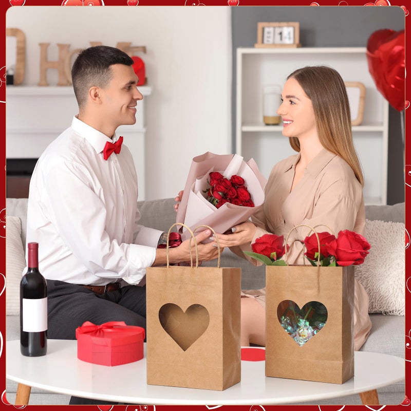 Eersida 48 Pcs Valentine's Day Gifts Bags with Heart Window Kraft Brown Paper Goodie Bag Bulk Holiday Candy Treat Wrapping with Handle for Galentines Wedding Birthday Party Supplies, 8.3"x5.9"x3.2" - Image 5