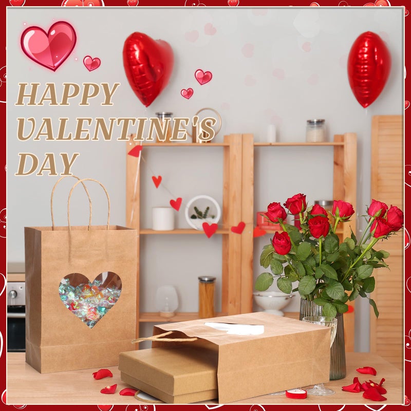 Eersida 48 Pcs Valentine's Day Gifts Bags with Heart Window Kraft Brown Paper Goodie Bag Bulk Holiday Candy Treat Wrapping with Handle for Galentines Wedding Birthday Party Supplies, 8.3"x5.9"x3.2" - Image 4