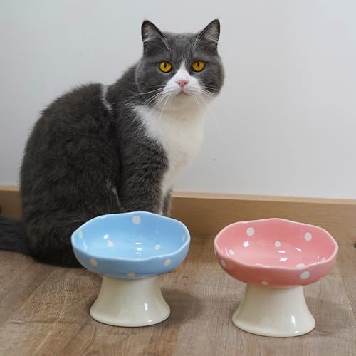 TRUNDISAN Ceramic Raised Cat Bowl, Mushroom Shaped Tilted Feeding Dish, Whisker Friendly Wide Design, Dishwasher Safe for Indoor Cats - Image 5
