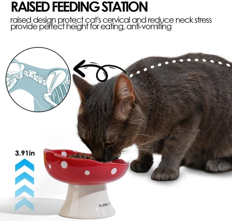 TRUNDISAN Ceramic Raised Cat Bowl, Mushroom Shaped Tilted Feeding Dish, Whisker Friendly Wide Design, Dishwasher Safe for Indoor Cats - Image 4