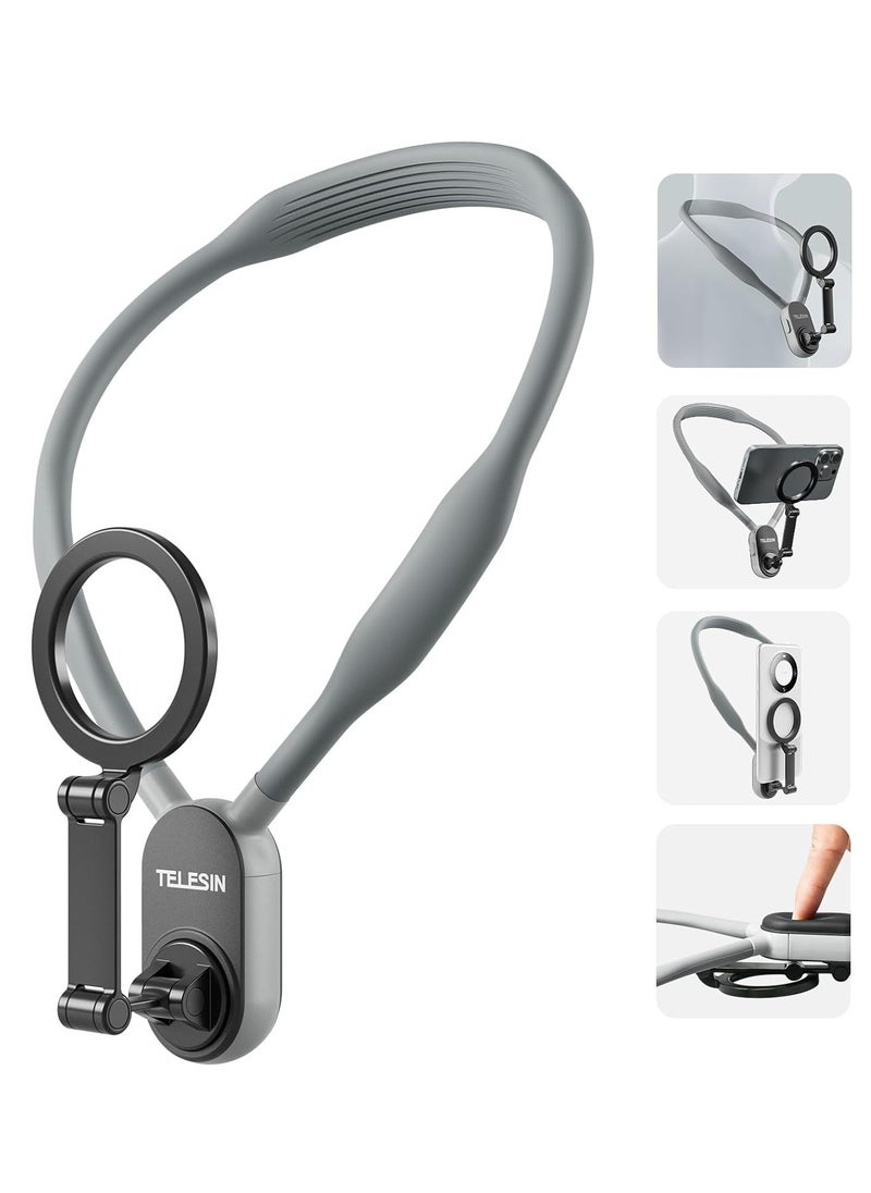 TELESIN - Magnetic Neck Mount for Phones, Cell Phone Holder Stand Hanging on Neck POV/Vlog Selfie Hand Free Necklace Phone Strap Video Recording for iPhone 15 14 13 12 Series Android Phones (Grey) - Image 1