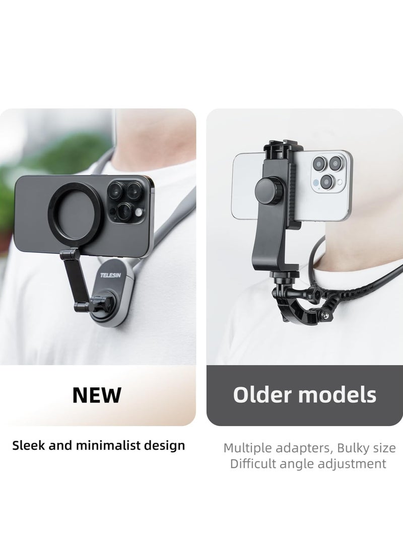 TELESIN - Magnetic Neck Mount for Phones, Cell Phone Holder Stand Hanging on Neck POV/Vlog Selfie Hand Free Necklace Phone Strap Video Recording for iPhone 15 14 13 12 Series Android Phones (Grey) - Image 1