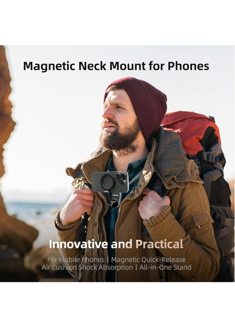 TELESIN - Magnetic Neck Mount for Phones, Cell Phone Holder Stand Hanging on Neck POV/Vlog Selfie Hand Free Necklace Phone Strap Video Recording for iPhone 15 14 13 12 Series Android Phones (Grey) - Image 1