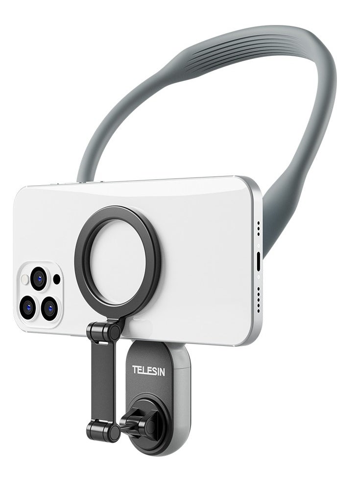 TELESIN - Magnetic Neck Mount for Phones, Cell Phone Holder Stand Hanging on Neck POV/Vlog Selfie Hand Free Necklace Phone Strap Video Recording for iPhone 15 14 13 12 Series Android Phones (Grey) - Image 1