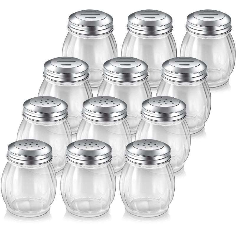 Skyley 12 Pieces Glass Spices Shaker with Perforated 6 Ounce Swirl Glass Cheese Shaker and Slotted Top Lid Red Pepper Retro Swirl Style Dispensers for Home Kitchen Restaurant Supplies