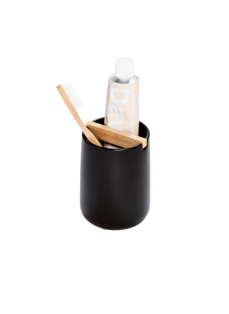 InterDesign iDesign Ceramic Earth Collection Toothbrush Holder with Paulownia Wood Divider Matte BlackNatural 