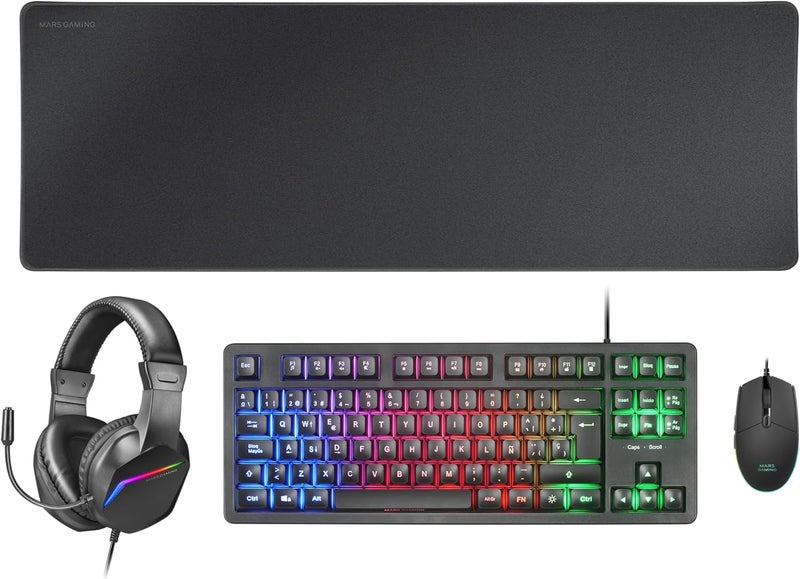 مارس_جيمنج مارس جيمنج MCP-RGB3، حزمة لوحة مفاتيح ألعاب RGB ثابتة + ماوس ألعاب RGB تدفق 3200 DPI + سماعات رأس فوق الأذن RGB + حصيرة ماوس XXL، أسود، إيطالي - Image 1