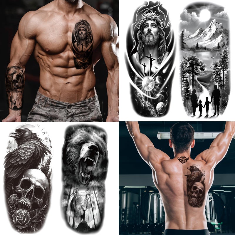 Zomme 82 Sheets Temporary Tattoos Stickers, Fake Body Arm Chest Shoulder Tattoos for Men and Women, Halloween Temporary Tattoos Black Fake Skull Skeleton Tattoos for Halloween Cosplay - Image 2